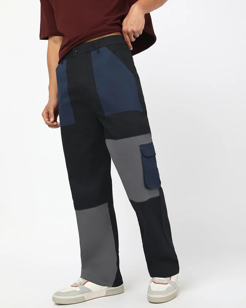 بيواكوف Men's Black Color Block Straight Fit Cargo Pants